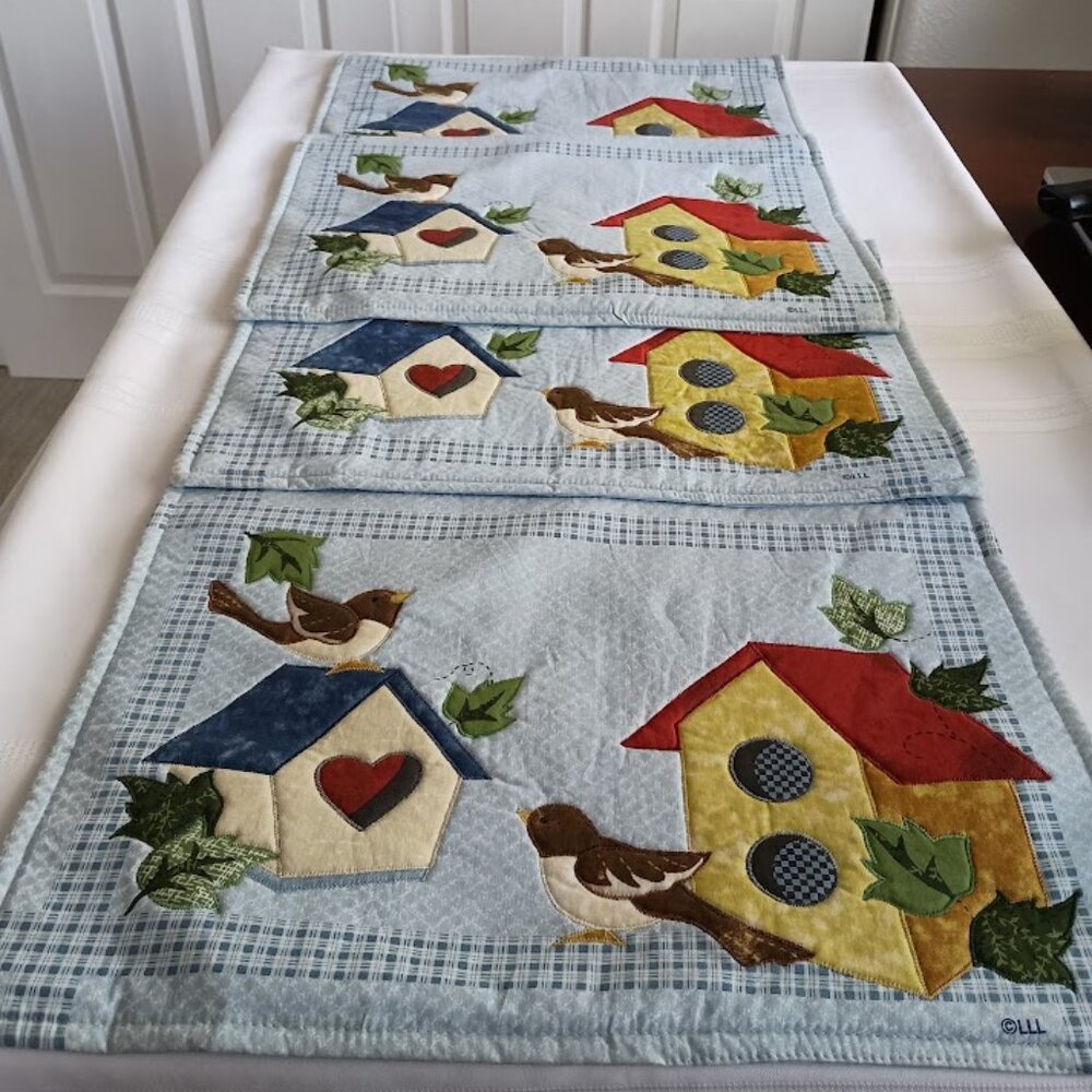 Vintage Birdhouse Themed Quilted Placemats, Set of 4